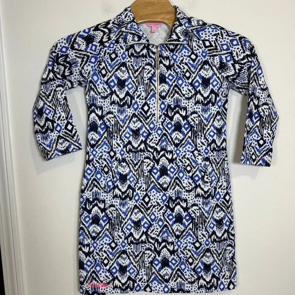 Lilly Pulitzer Ikat Print Quarter Zip Dress Blue White Geometric Pattern Size S